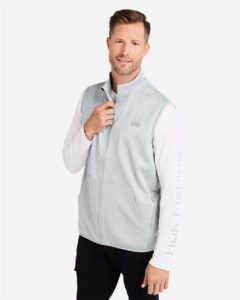HUK H130099 Men’s Coldfront+ Vest – Harbor Mist Heather (on model side)