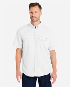 HUK H150171 Men’s Tide Point Short Sleeve Shirt – White (on model)