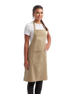 Artisan Collection by Reprime RP154 Recycled Pocket Bib Apron – Khaki (on model side)