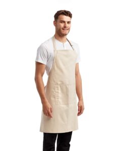Artisan Collection by Reprime RP154 Recycled Pocket Bib Apron – Natural (on model side)