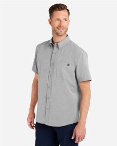 HUK H150154 Men’s Kona Short Sleeve Solid Shirt – Harbor Mist (on model side)