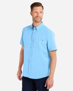 HUK H150154 Men’s Kona Short Sleeve Solid Shirt – Marolina Blue (on model side)