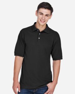 Harriton M265 Men’s Easy Blend™ Polo – Black (on model)