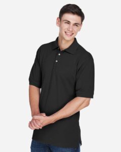 Harriton M265 Men’s Easy Blend™ Polo – Black (on model side)