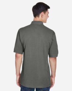 Harriton M265 Men’s Easy Blend™ Polo – Charcoal (on model back)