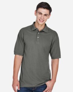 Harriton M265 Men’s Easy Blend™ Polo – Charcoal (on model)
