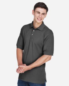 Harriton M265 Men’s Easy Blend™ Polo – Charcoal (on model side)
