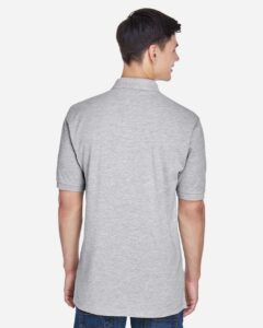 Harriton M265 Men’s Easy Blend™ Polo – Grey Heather (on model back)