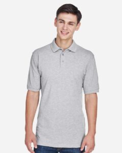 Harriton M265 Men’s Easy Blend™ Polo – Grey Heather (on model)