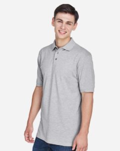 Harriton M265 Men’s Easy Blend™ Polo – Grey Heather (on model side)