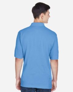 Harriton M265 Men’s Easy Blend™ Polo – Light College Blue (on model back)