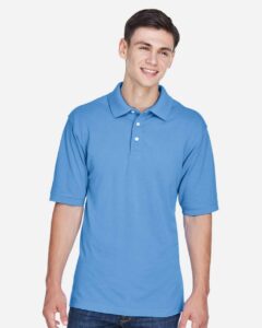 Harriton M265 Men’s Easy Blend™ Polo – Light College Blue (on model)