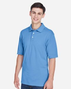 Harriton M265 Men’s Easy Blend™ Polo – Light College Blue (on model side)