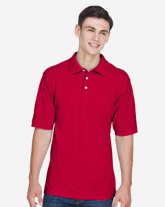 Harriton M265 Men’s Easy Blend™ Polo – Red (on model)