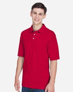 Harriton M265 Men’s Easy Blend™ Polo – Red (on model side)