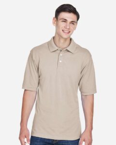 Harriton M265 Men’s Easy Blend™ Polo – Stone (on model)