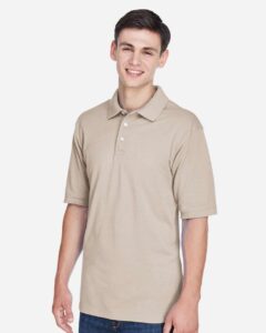 Harriton M265 Men’s Easy Blend™ Polo – Stone (on model side)