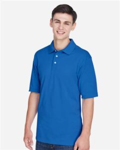 Harriton M265 Men’s Easy Blend™ Polo – True Royal (on model side)