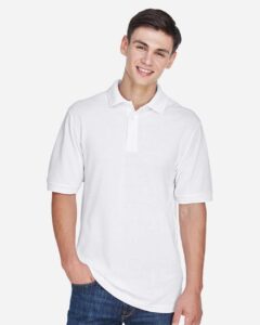 Harriton M265 Men’s Easy Blend™ Polo – White (on model)