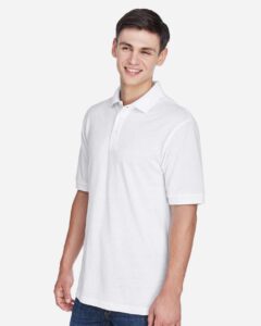Harriton M265 Men’s Easy Blend™ Polo – White (on model side)