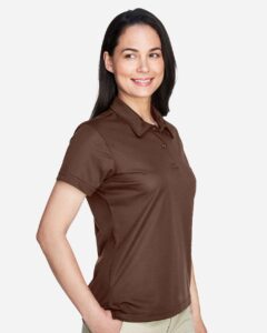 Team 365 TT21W Women’s Command Snag Protection Polo – Sport Dark Brown (on model side)