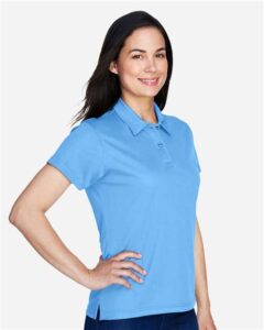 Team 365 TT21W Women’s Command Snag Protection Polo – Sport Light Blue (on model side)