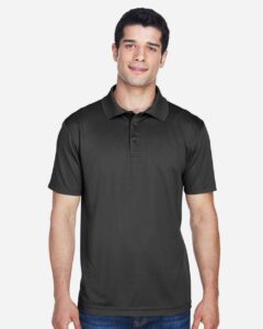 Harriton M315 Men’s Polyester Jersey Polo – Black (on model)