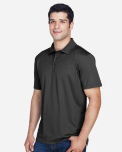 Harriton M315 Men’s Polyester Jersey Polo – Black (on model side)