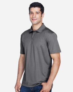 Harriton M315 Men’s Polyester Jersey Polo – Charcoal (on model side)