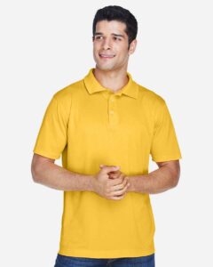 Harriton M315 Men’s Polyester Jersey Polo – Gold (on model)