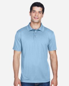 Harriton M315 Men’s Polyester Jersey Polo – Light Blue (on model)