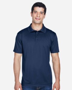 Harriton M315 Men’s Polyester Jersey Polo – Navy (on model)