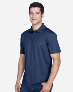 Harriton M315 Men’s Polyester Jersey Polo – Navy (on model side)
