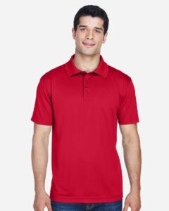 Harriton M315 Men’s Polyester Jersey Polo – Red (on model)