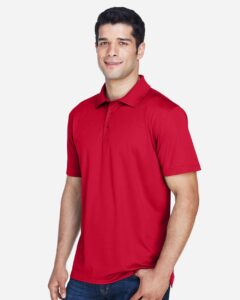 Harriton M315 Men’s Polyester Jersey Polo – Red (on model side)