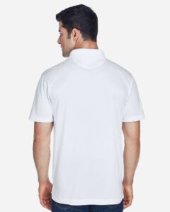 Harriton M315 Men’s Polyester Jersey Polo – White (on model back)