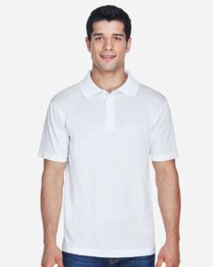 Harriton M315 Men’s Polyester Jersey Polo – White (on model)