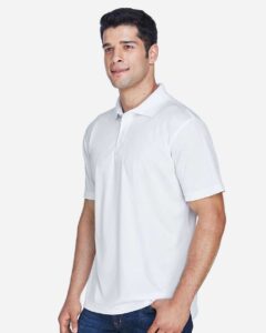 Harriton M315 Men’s Polyester Jersey Polo – White (on model side)