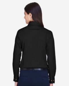 Harriton M500W Women’s Easy Blend™ Twill Dress Shirt with Stain-Release – Black (on model back)