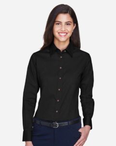 Harriton M500W Women’s Easy Blend™ Twill Dress Shirt with Stain-Release – Black (on model)