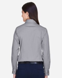 Harriton M500W Women’s Easy Blend™ Twill Dress Shirt with Stain-Release – Dark Grey (on model back)