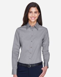 Harriton M500W Women’s Easy Blend™ Twill Dress Shirt with Stain-Release – Dark Grey (on model)