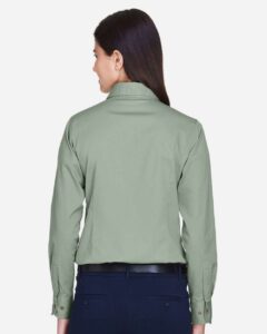 Harriton M500W Women’s Easy Blend™ Twill Dress Shirt with Stain-Release – Dill (on model back)