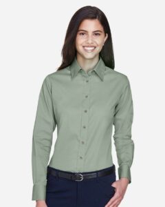 Harriton M500W Women’s Easy Blend™ Twill Dress Shirt with Stain-Release – Dill (on model)
