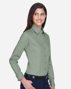 Harriton M500W Women’s Easy Blend™ Twill Dress Shirt with Stain-Release – Dill (on model side)