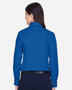 Harriton M500W Women’s Easy Blend™ Twill Dress Shirt with Stain-Release – French Blue (on model back)