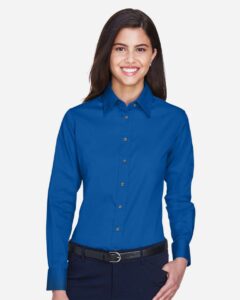 Harriton M500W Women’s Easy Blend™ Twill Dress Shirt with Stain-Release – French Blue (on model)