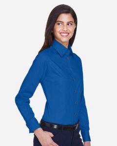 Harriton M500W Women’s Easy Blend™ Twill Dress Shirt with Stain-Release – French Blue (on model side)