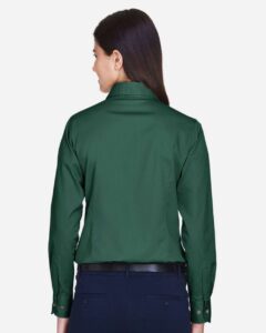 Harriton M500W Women’s Easy Blend™ Twill Dress Shirt with Stain-Release – Hunter (on model back)