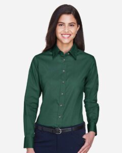 Harriton M500W Women’s Easy Blend™ Twill Dress Shirt with Stain-Release – Hunter (on model)